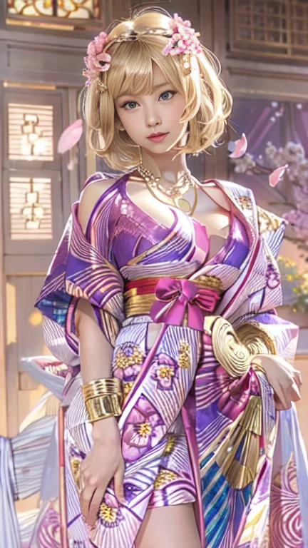 the same,
One Woman,
Golden Hair,
(Short Hair.05),Ashime,straight,
((Flower Hair Ornaments)),Purple Necklace,
Natural skin texture,Big ,Narrow waist,
Pink Lipstick,
kimono,Hydrangea pattern,
city,sunset,Outdoor,
Slightly larger breasts,expression(Puzzled),Resolute attitude,
Closed Mouth,blush,True Face,upright posture,Squint your eyes,
Natural depiction,
Beautiful depiction,
Shiny eyes,
Healthy Body,
Natural hairstyle,
Natural body contours,
Natural facial contours,
(Five fingers)A clear depiction of,
Two arms,Two legs,
Sharp eyelid depiction,
Keep the subject in the center,Expand the upper body,
Beautiful image quality,
Delicate shades,
4K,Very detailed,
Delicate light adjustment,
Delicate contour drawing,