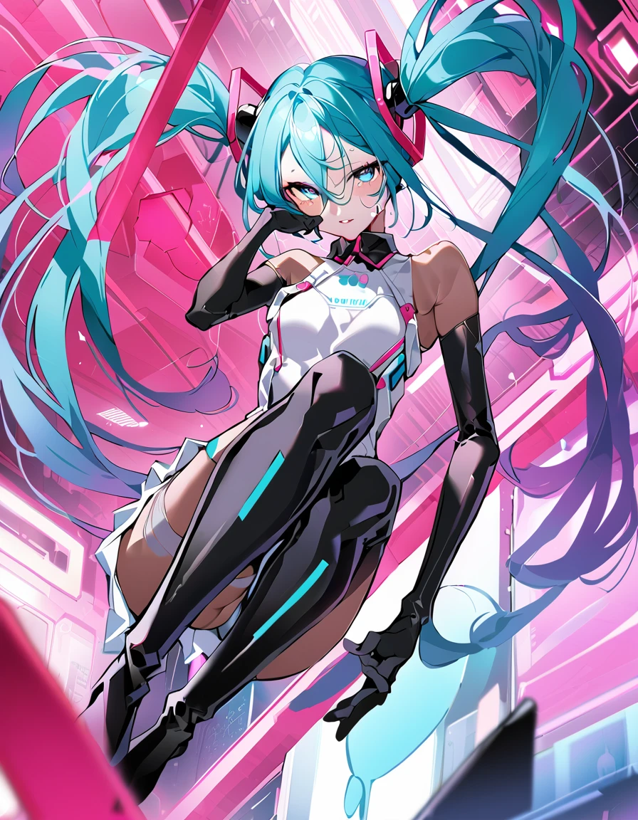 masterpiece, Highest quality, One girl, alone, Long Hair, hatsune miku, Twin tails, very Long Hair, bodysuit, Blue Hair, gloves,boots， whole body, blue eyes, floating, View your viewers, hair ornaments,  black gloves, Multicolored Hair, Facial blemishes, Sleeveless Dress, flower, Part your lips, absurdly Long Hair, elbow gloves, White Dress, Hair between the eyes, Browsing Caution,Heart-shaped pupils,orgasm, Beautiful ass,Sweat,(Urinating)
