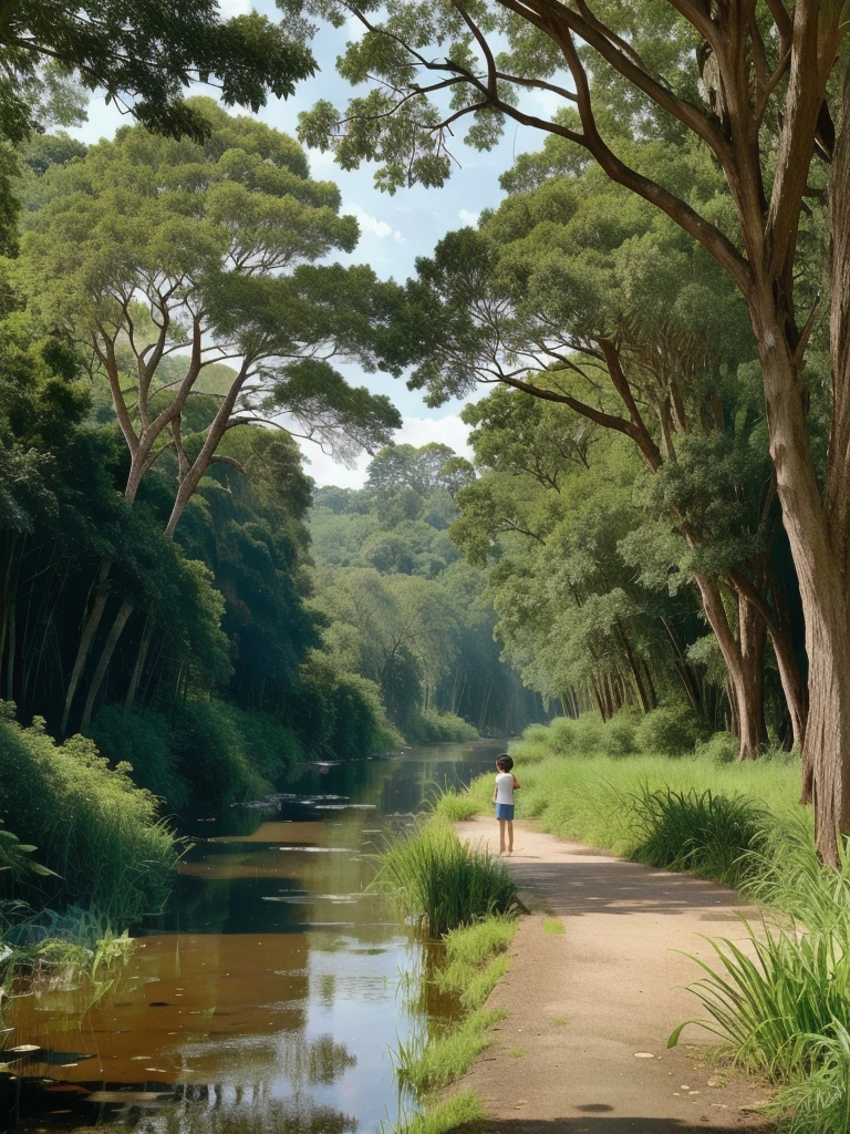 A river  with large trees plus natural and natural three with clean water