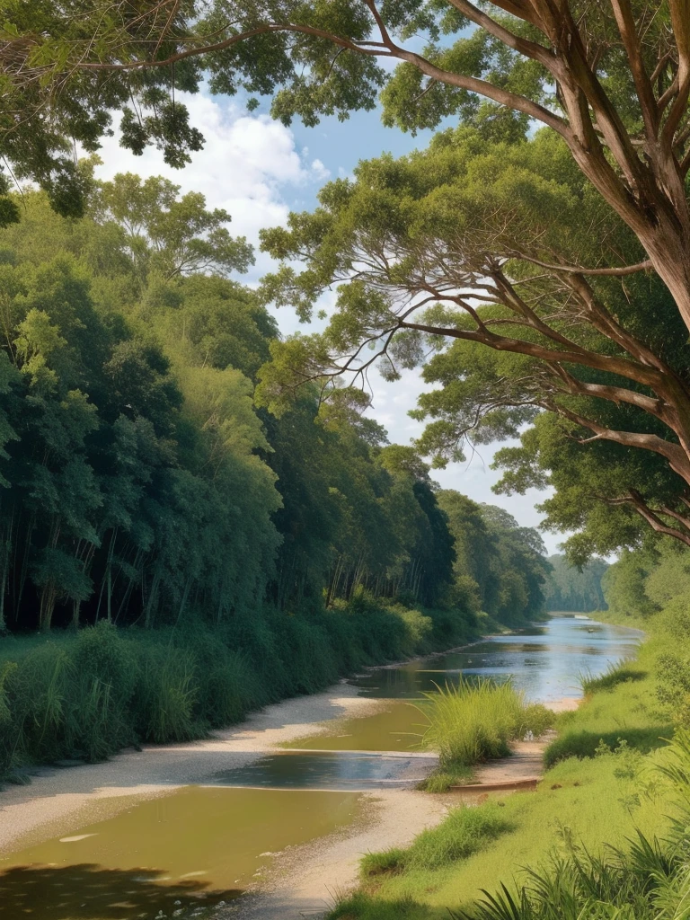 A river with large trees plus natural and natural three with clean water