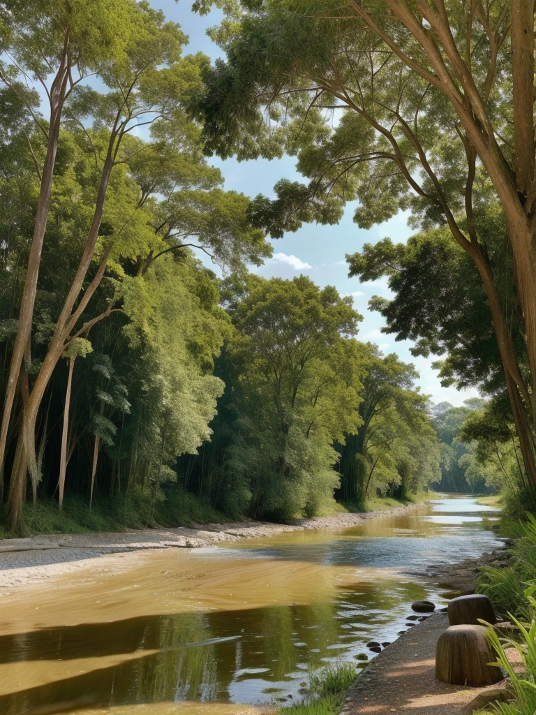 A river with large trees plus natural and natural three with clean water