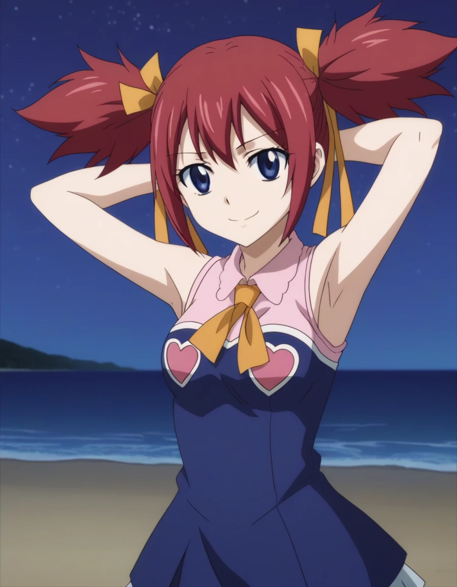 chelia_blendy, source_anime, rating_safe, intricate details, anime screencap, anime coloring, 1girl, solo,  red hair, blue eyes, ribbon, hair ribbon, twintails, short twintails, looking at viewer, solo, contrapposto, spread armpit, arms behind head, smile, looking at viewer, (cowboy shot:1.5), closed mouth, night sky, beach, high quality,