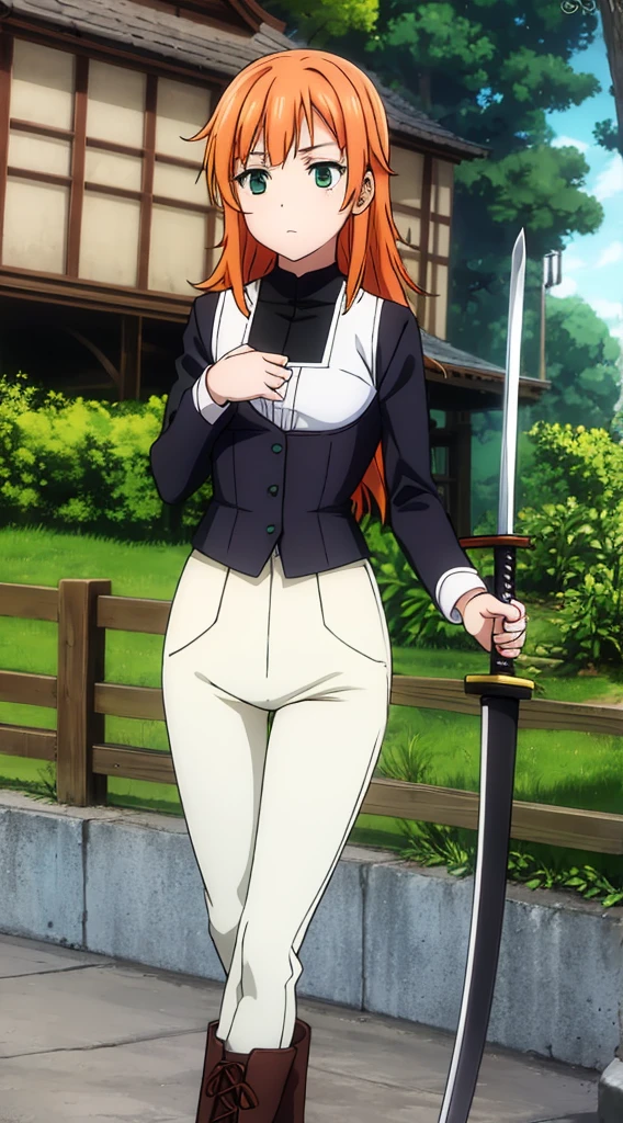 Tied long orange hair, green eyes, white pants, black corset, white long-sleeved blouse, sword at side, brown boots