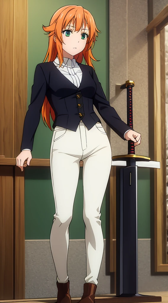 Tied long orange hair, green eyes, white pants, black corset, white long-sleeved blouse, sword at side, brown boots