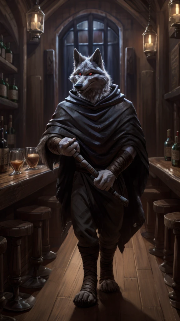 
There is the death of Puss in Boots 2, he is wearing the black death cape and is holding two scythes in his hands, he is whistling, he is in a bar at night (an old bar), he is a gray wolf with eyes red