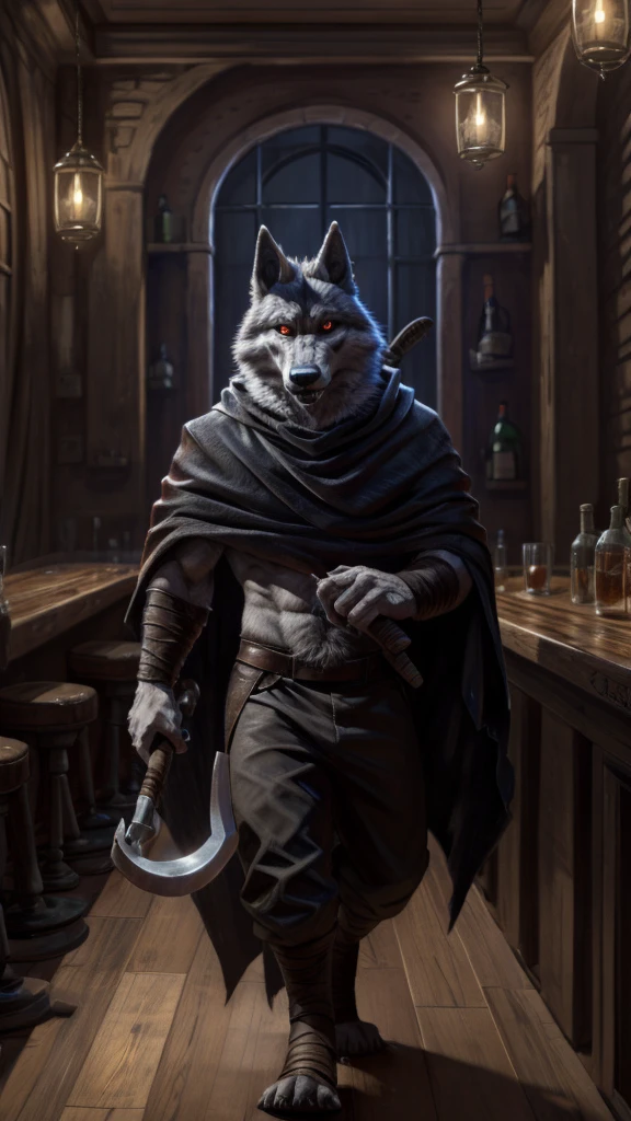 
There is the death of Puss in Boots 2, he is wearing the black death cape and is holding two scythes in his hands, he is whistling, he is in a bar at night (an old bar), he is a gray wolf with eyes red