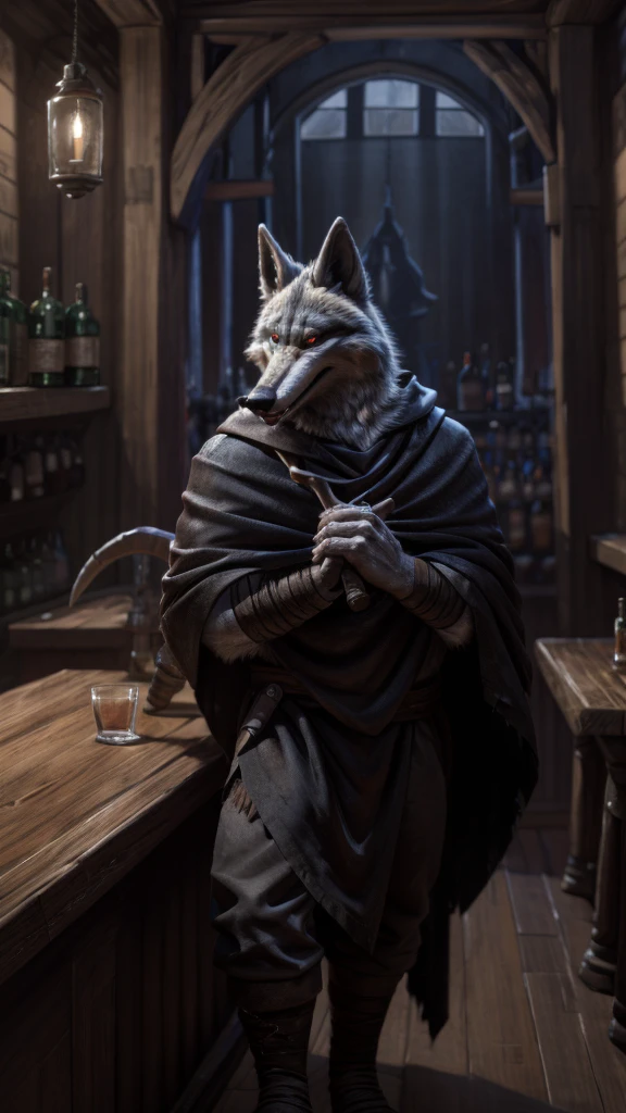 
There is the death of Puss in Boots 2, he is wearing the black death cape and is holding two scythes in his hands, he is whistling, he is in a bar at night (an old bar), he is a gray wolf with eyes red