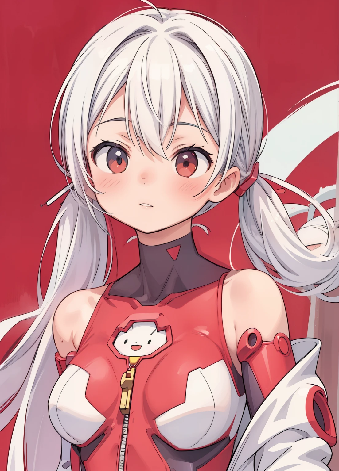 (masterpiece、Highest quality、Highest quality、Official Art、Beautiful and beautiful:1.2)、(One girl:1.3)Hatsune Miku、Twin tails,Beautiful breasts,Anime girl with white hair and red clothes posing in front of a background, Zero Two, With index finger, Official Art, Portrait of a female anime hero, completely robot!! Cat girl, Red aura, UFOTABLE art style, body and soul! Asuka Suit, anime Cat girl, Inspired by Luma Rouge, Digital coloring, Key Anime Art