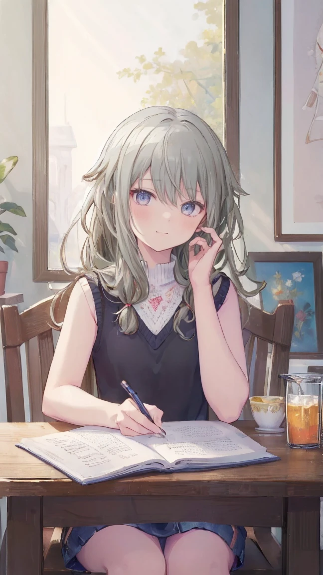 (masterpiece, Highest quality:1.6),Best image quality、Highest quality、Perfect lighting,masterpiece、Best image quality、Highest quality、Lori、Girl、、smile、Show your hand, Put your elbows on the table, Slap in the face、Chest close-up, , Sleeveless, Knitted sweater