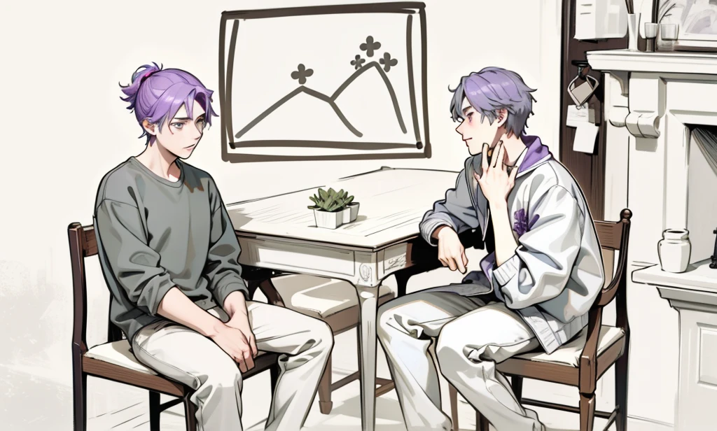 There are two 17-year-olds sitting in the dining room, they are somewhat uncomfortable talking, they have gray hair and purple hair.