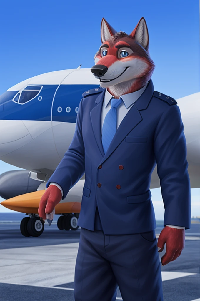 Ivan Fedorovich Wolfbach (Novosibirsk) ,высокий Beautiful, wolf,young, 24 years, brown fur,Kind,(red body:1.3),beautiful blue eyes,Novosibirsk,dressed,civil aviation pilot uniform,White shirt,epaulets командира, черный tie, trousers,airline pilot, commander's cap, trousers,canine, wolf, detailed fur, male, second, paw pads, finger claws,At the viewer, 5 fingers, paws, 5 fingers, smile, wrist watch, т nextel,by xenoforge, (difficult, high detail, digital photography, soft focus, RAW,goes for a walk, ,Very close to the camera,airport,Novosibirsk, smile, good mood, positive, Very close to the camera,without hair, epaulets captain, shoulder straps, pilot, airline epaulets,
Photorealism, realistic, photorealistic, digital style, Subsurface scattering,I look at the viewer,стоит White shirt, epaulets, captain, trousers, tie, next to a Boeing 747 400 plane,smile, teeth, Beautiful,
masterpiece, Best quality, ultra realistic, 8 thousand.)