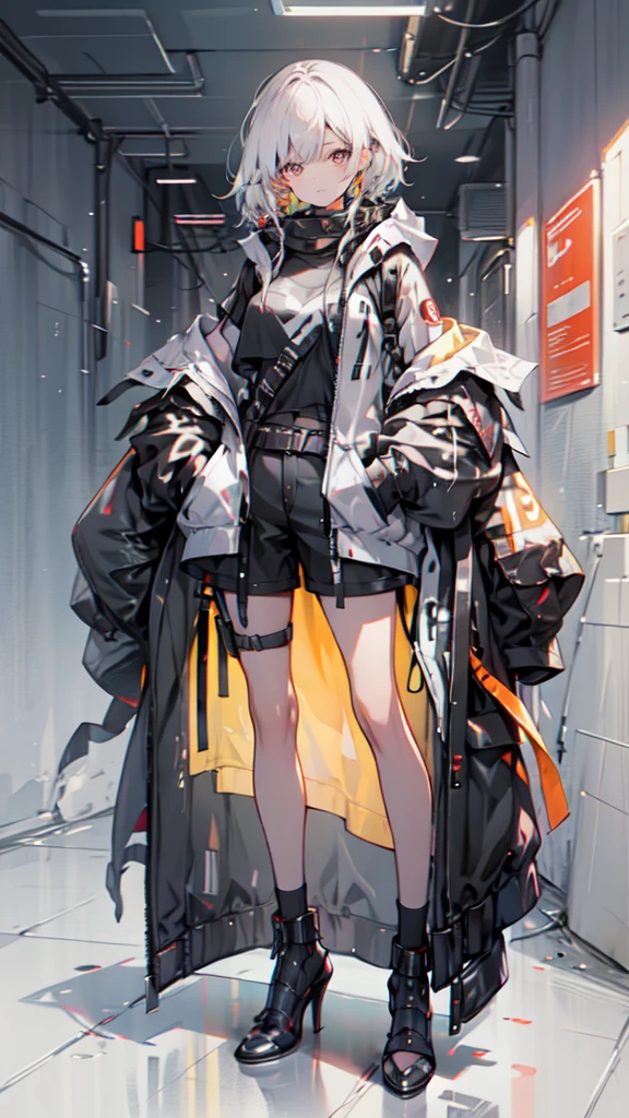 1 girl, short yellow hair, cyberpunk, Alice in Wonderland, black high heels, hand in pocket, best quality, 4k, 8k, highres, masterpiece:1.2, ultra-detailed, realistic, photorealistic, photo-realistic:1.37, HDR, UHD, studio lighting, ultra-fine painting, sharp focus, physically-based rendering, extreme detail description, professional, vivid colors, bokeh, concept art
