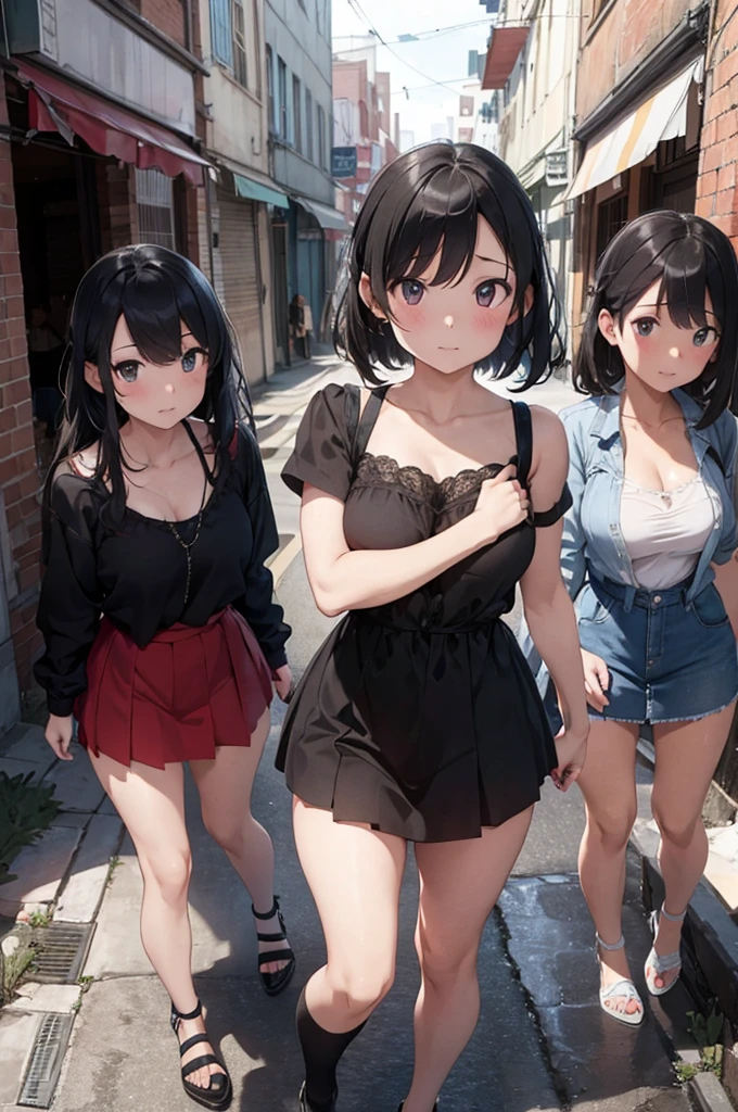 a group of prostitutes offering services in the middle of an alley, three girls, multiple girls, sexy, short dresses