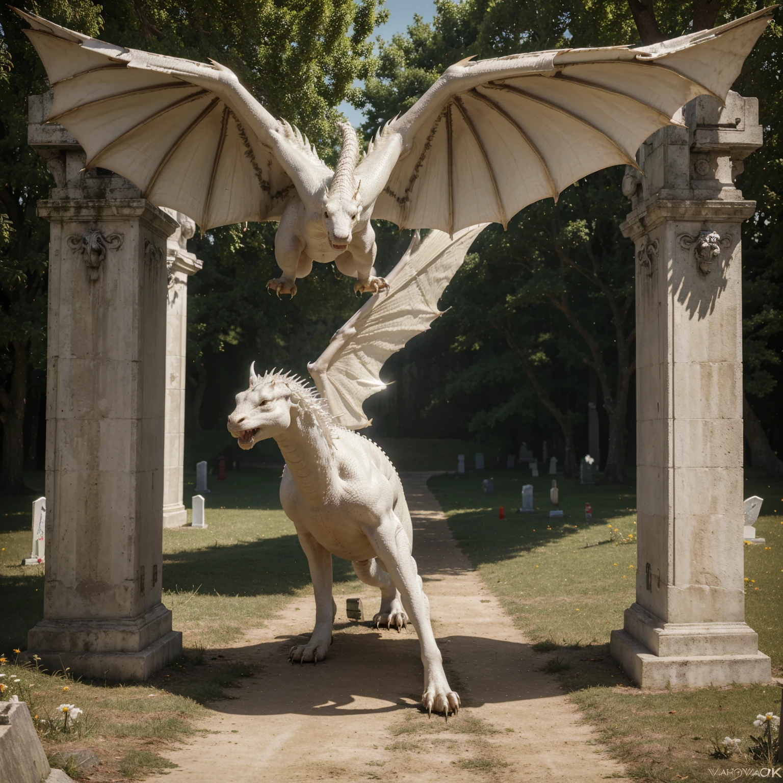 (best quality,4k,highres,masterpiece:1.2),ultra-detailed,(realistic:1.37),light atmosphere,tomb,white dragon emerging from the earth,vector art,detailed,fangs,wings,fire,earth,day,cemetery