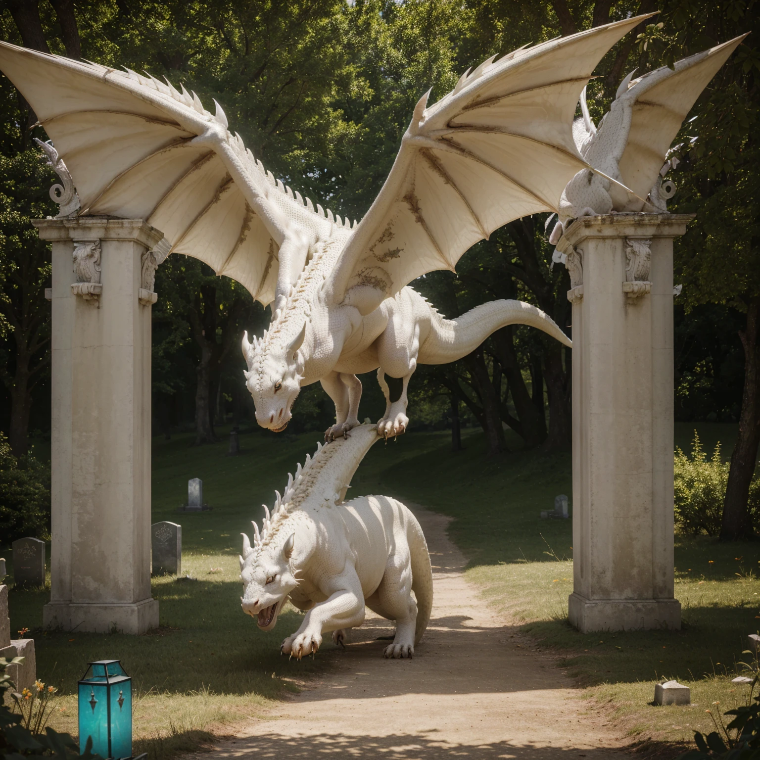 (best quality,4k,highres,masterpiece:1.2),ultra-detailed,(realistic:1.37),light atmosphere,tomb,white dragon emerging from the earth,vector art,detailed,fangs,wings,fire,earth,day,cemetery