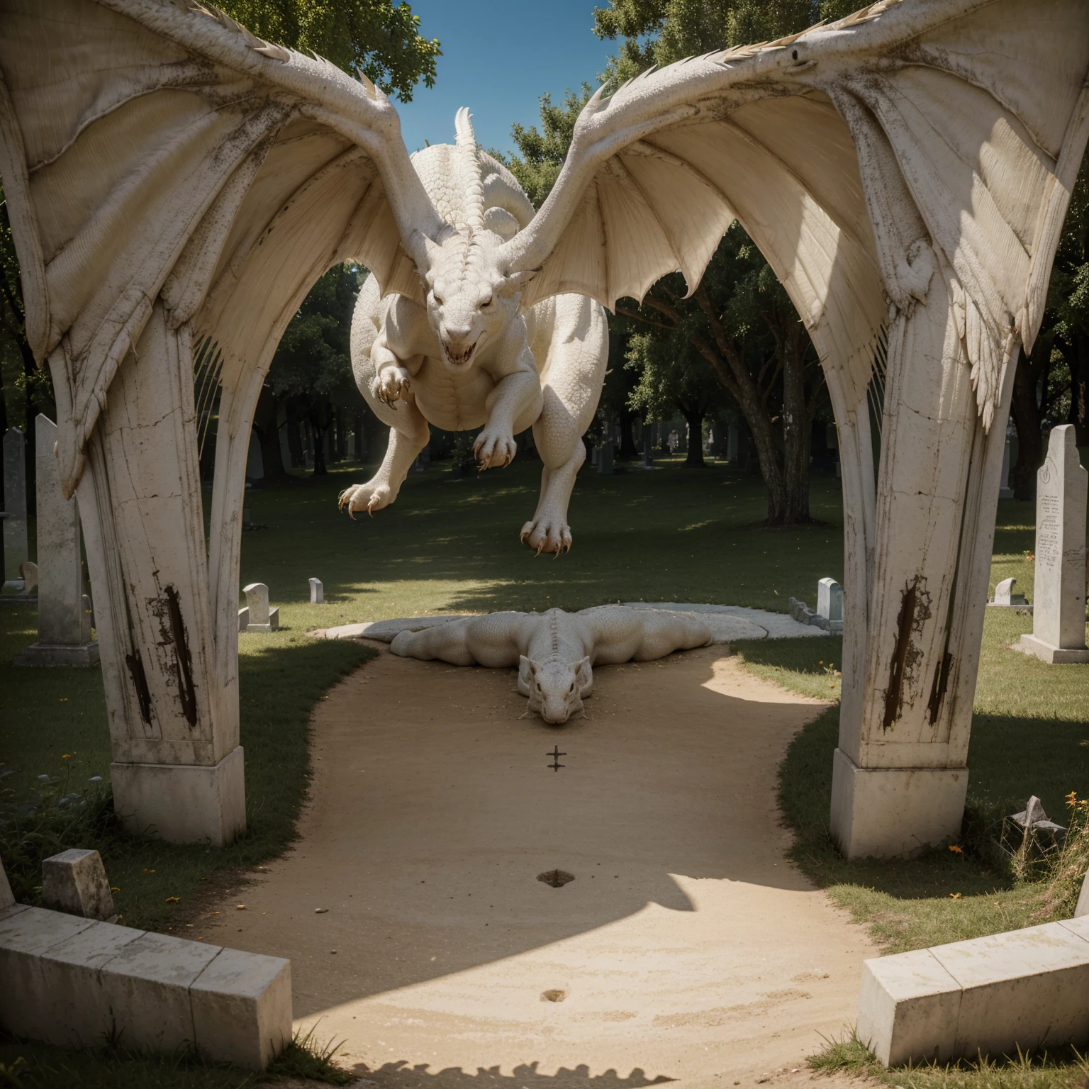 (best quality,4k,highres,masterpiece:1.2),ultra-detailed,(realistic:1.37),light atmosphere,tomb,white dragon emerging from the earth,vector art,detailed,fangs,wings,fire,earth,day,cemetery