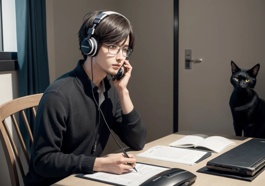 ((best qualityer)), ((work of art)), (detailded), 1 anime character studying with a headset in his room listening to music and a black cat in the background