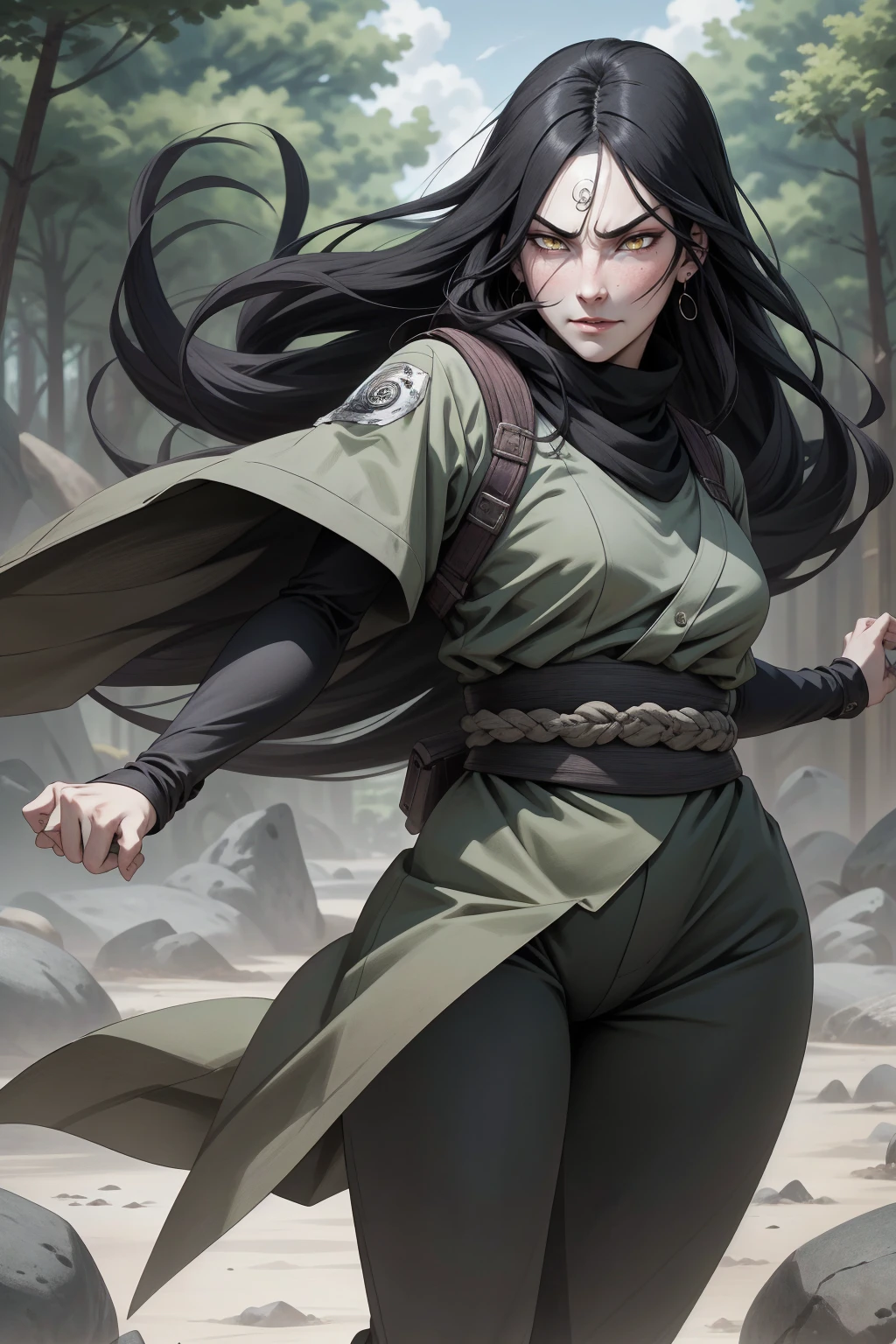 {-erro_de_anatomia:1.0} estilo anime, Masterpiece, absurdities, Orochimaru\(Naruto\), 1girl Solo, Mature woman, Oversized shirt with broad shoulders, Perfect composition, Detailed lips, large breasts, Beautiful face, body proportion, Blush, Long black hair, ( black hair), yellow eyes, (sexy), Soft gauze, Super realistic, Detailed, photo shoot, Realistic faces and bodies, masterpiece, best quality, best illustration, hyper detailed, 1 girl, solo, glamorous, blushing, whole body, fighting, on nature, dimanic poses