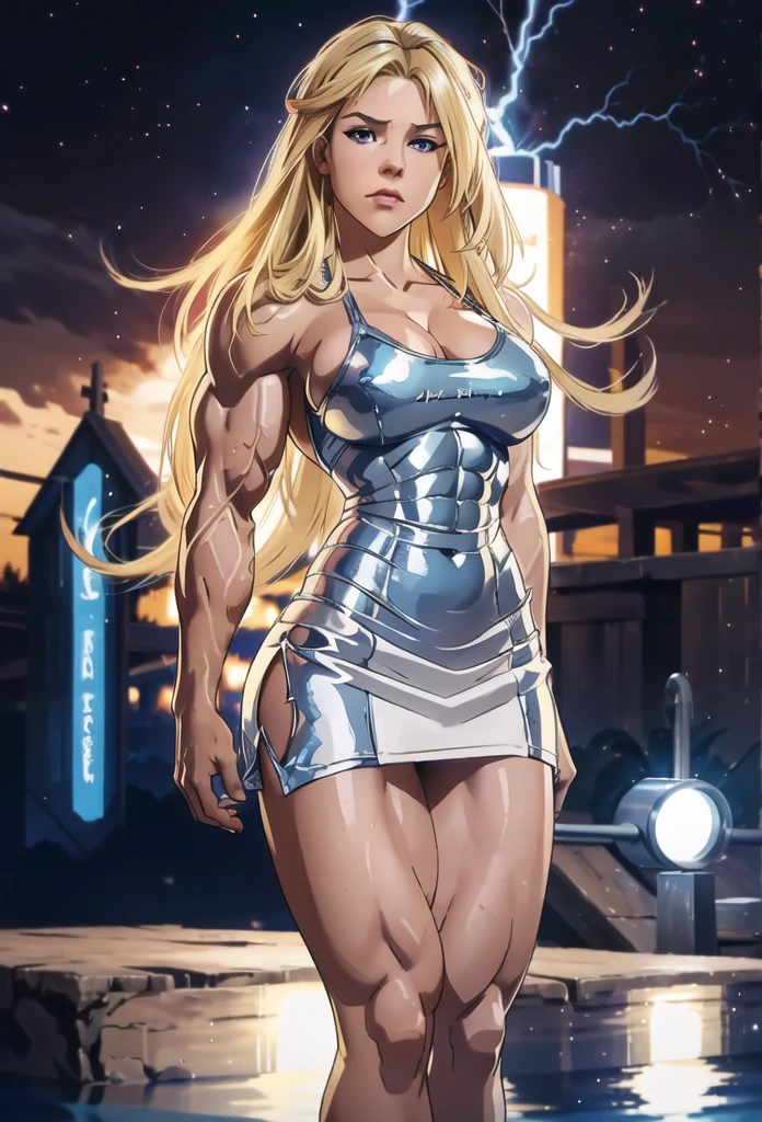 absurdres, highres, ultra detailed, ultra realistic, ((1 girl)), young and cute 21 yr old Avril Lavigne as bodybuilder Greek goddess of lightning, bodybuilder physique, ((((huge muscles)))), perfect skin, female, full body side view, musclebound, undone hair, huge breasts, swole enormous ripped muscles, enormous glutes, cute young face, wearing white Greek gown micro miniskirt, alone in the city at night