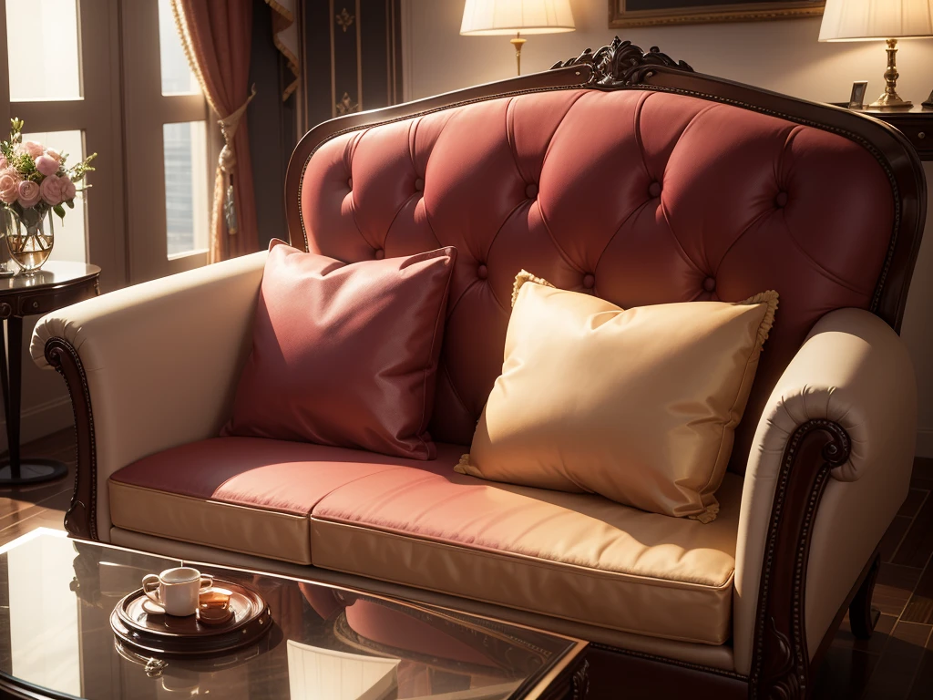 VIP area in luxury hotel . sofa, Mesa, drink. Realistic image, high quality, perfect object, 8K.