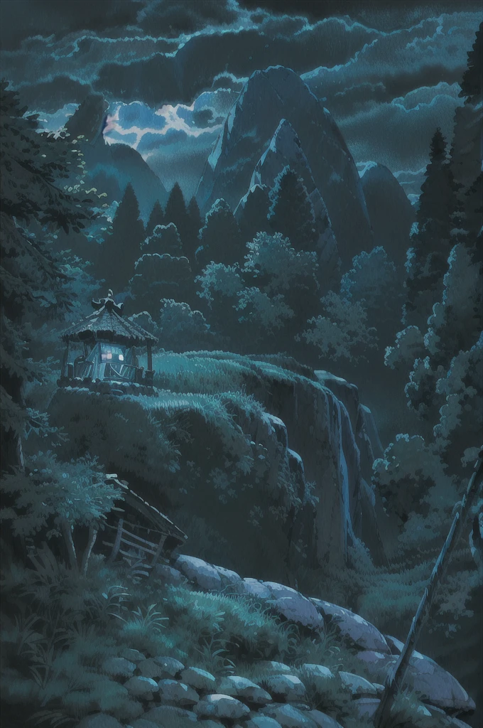 village in the mountains at night, paper lantern ceremony, glowing lights, forest, dramatic lighting, epic composition, wide angle, by miyazaki, nausicaa ghibli, breath of the wild