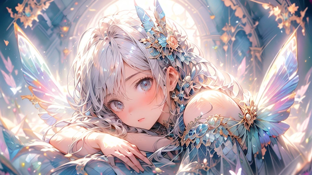masterpiece, highest quality, 8k, highres, beautiful highest details, old castle roof floor, moon light, butterfly spirit, sheer dress, bare shoulder, strapless, tears, rainbow butterfly wings:1.2, flying sky:1.2, view from below, sparkling eyes, bright rosy lips