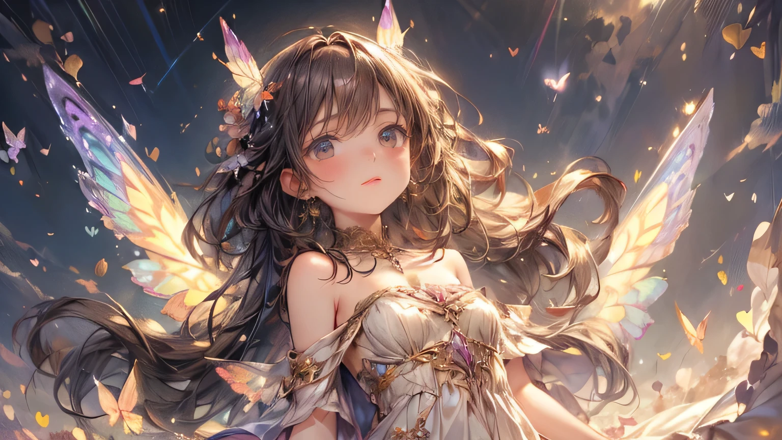 view from above, masterpiece, highest quality, 8k, highres, beautiful highest details, flower garden, soft sunlight, butterfly spirit girl, yellow dress, bare shoulder, strapless, tears, rainbow butterfly wings:1.2, flying sky:1.2, view from below, delicate eyes, sparkling eyes, bright rosy lips, gentle smile, look up at sky,
