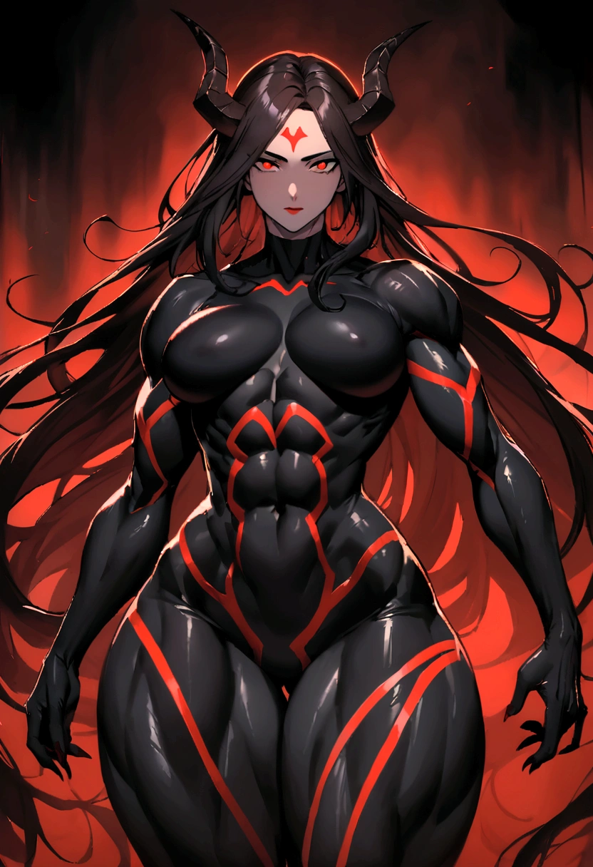 I want you to create the image of a woman, she has long dark hair and two dark horns on her forehead, red eyes and dark pupils, its entire body is covered in darkness with small red details, she has a toned physique with voluminous thighs and large pecs, Your whole body is covered in darkness, except your pale face, She is strong and slender,