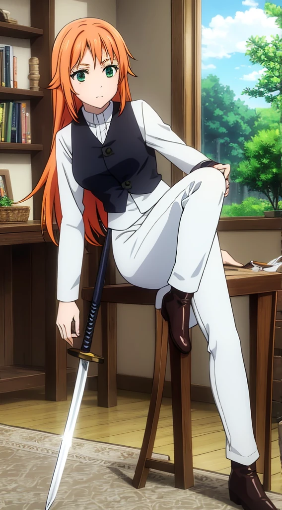 Tied long orange hair, green eyes, white pants, black corset, white long-sleeved blouse, sword at side, brown boots