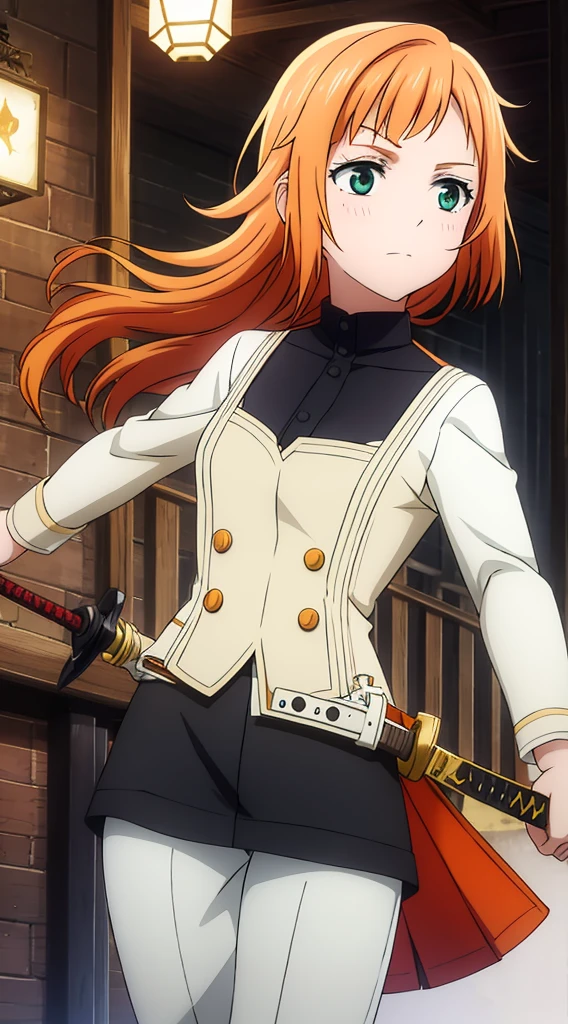 Tied long orange hair, green eyes, white pants, black corset, white long-sleeved blouse, sword at side, brown boots
