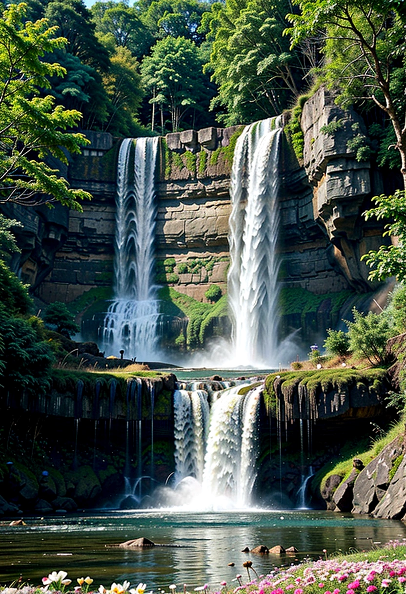 painting of a waterfall in a forest with a river running through it, an endless waterfall, multiple waterfalls, waterfalls, with trees and waterfalls, floating waterfalls, (waterfall), with waterfalls, by Michael James Smith, cascading waterfalls, flowers and waterfalls, cascading iridescent waterfalls, waterfall, several waterfalls, high waterfalls, cascading, forest and waterfall