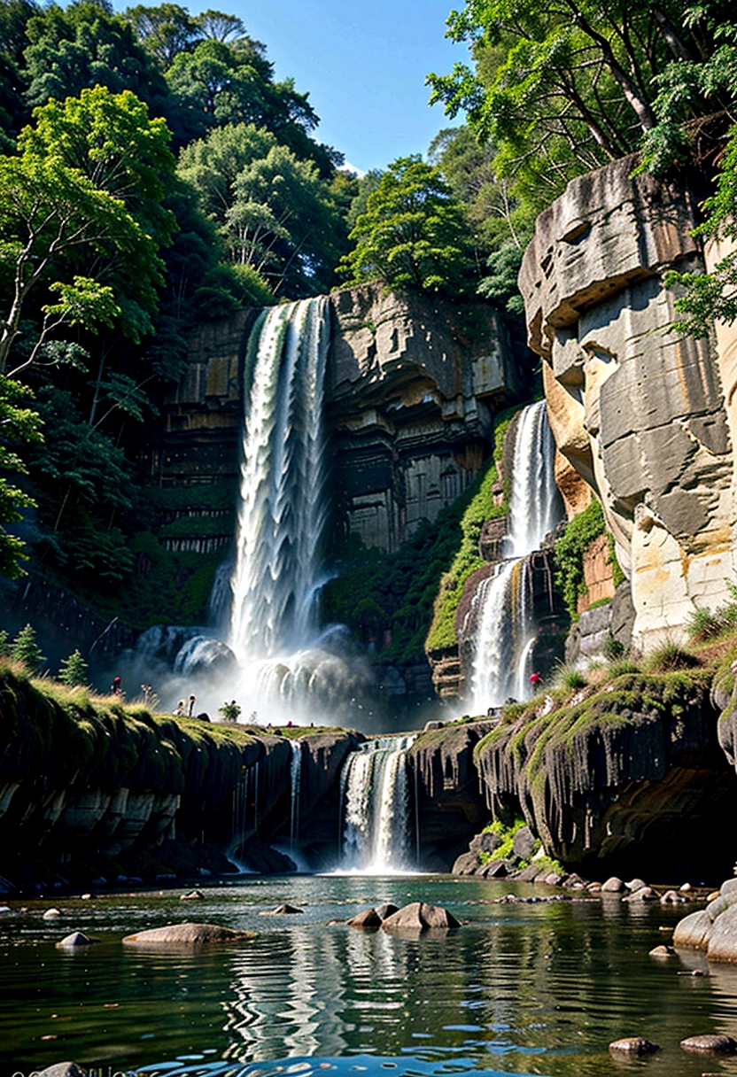 painting of a waterfall in a forest with a river running through it, an endless waterfall, multiple waterfalls, waterfalls, with trees and waterfalls, floating waterfalls, (waterfall), with waterfalls, by Michael James Smith, cascading waterfalls, flowers and waterfalls, cascading iridescent waterfalls, waterfall, several waterfalls, high waterfalls, cascading, forest and waterfall