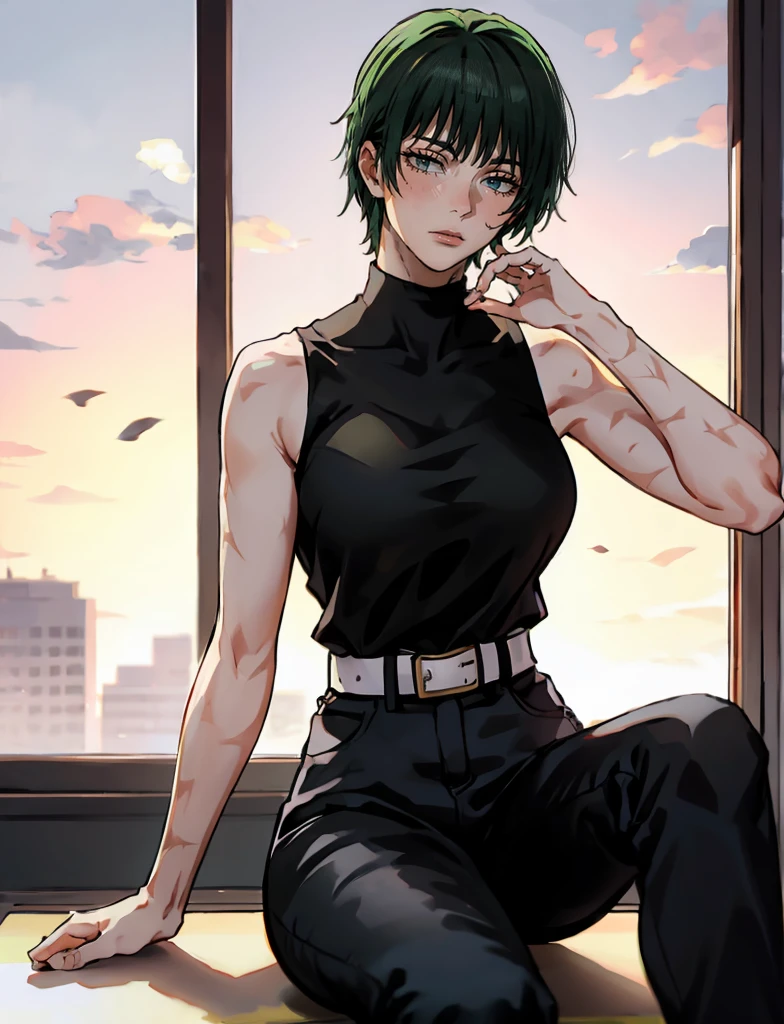 Maki Zenin LoRA, 1girl, black crop top, sleeveless shirt, black tucked pants, white belt, scar on body, short green hair, curvy body, medium breasts, fully clothed, black shoes, beautiful eyes, beautiful view, clear eyes, beautiful quality, perfect anatomy, tall, serious gaze, close up to viewer, sitting on a chair, indoors, close to window, sensual seductive, erotica, perfect anatomy