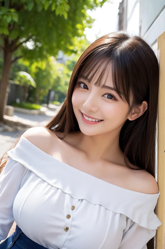 ((Highest quality)), ((masterpiece)), (detailed), One Woman、Age 25、Japanese, White off-shoulder、Blouse Smile Big Tits Neat Long Hair 、Sharp eyes