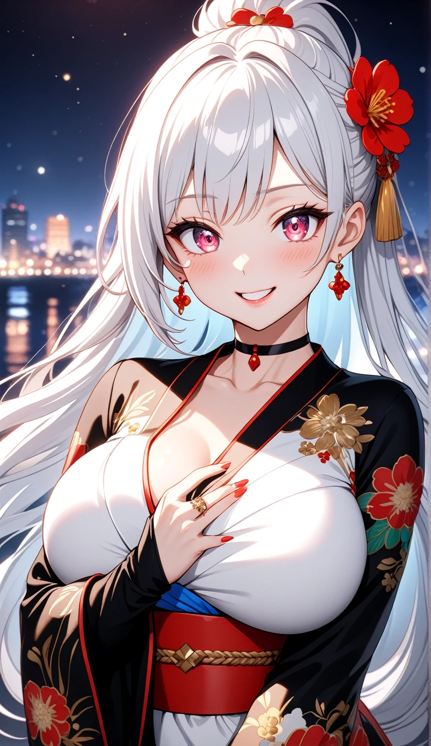 ((One personの女性)), Beautiful Face, (Laughing embarrassedly), ((laugh)), ((Wink:1.8)),((Hold your chest with both arms、Creating a valley)), Laugh with your mouth wide open,((Bright red cheeks:1.4)),Shiny red lips, night,横浜のnight景,You can see the ocean, firework,,Glossy pink lips,Facial lighting,((Anime style background)),masterpiece, Highest quality, so beautiful,up to date, Complex details, (Pink long nails), (ring),(bracelet),(choker),AI-generated, Complex,High resolution, Highest quality, super high quality,3D Images、3D Images,One person,Long white hair,High Ponytail,(blue eyes),Anime woman posing for a photo, ((Fine grain、Silvery white colorful eyes、Shining Eyes:1.3)),(Squint your eyes:1.1),a hyperRealistic , hyperRealistic , Realistic,Anime woman with long white hair, Smooth anime CG art, A woman in a colorful kimono with gold embroidery, (Black long sleeve kimono),Red floral pattern,Long flower hair ornament,Earrings,Mature Body,(Big Breasts:1.1),Tall,Abdominal muscles,Narrow waist,(Zoom up to face), ((front view)),
