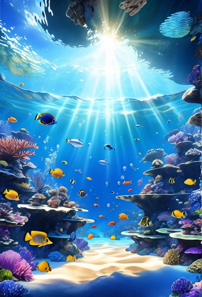 (panorama, center, masterpiece, highest quality: 1.2), (8K、Raw photo、highest quality、look up:1.2、masterpiece:1.2、Genuineistic、Ultra-high resolution、High Contrast、Photon Mapping、Genuine、Very detailed、Official Art, Raw photo、professional Lighting、 Light、Vivid atmosphere、twiceLight) , , In the sea。In the sea,々Bubbles are bubbling。Different types、Colorful tropical fish swimming。You can see the corals and underwater plants。Primary color shades。Rainbow-colored。Green algae or seaweed。Even though it&#39;s underwater、As if you were on the ground。Captivating natural beauty,Shining Star Fragment, An atmosphere that exudes the excitement of adventure。An atmosphere that makes you feel happy and joyful。High Fantasy Worldview,　Beautiful depiction of grand composition and proportions, Rainbow-colored light and silvery vapor guardian nebula, Corrosive Encirclement Ray Family Color, Slimy air,