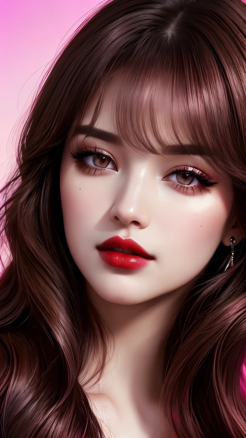 Ultra-realistic movie master pie with ultra-detailed primetime portraits, high quality, 8K, table top, Ultra HD), 1 girl 25 years old、Nude, fashion supermodel, ((Random style and color hair)), masterpiece, high quality, high quality, High resolution、(close up of face), black_mascara put in Long eyelashes:1.5, dark (eyesshadows:1.25), (Glossy) red_lips:1.44, ((brown_eyes)), iridescent eyes, vibrant eyes:1.2, high contrast, pink shot:1.175