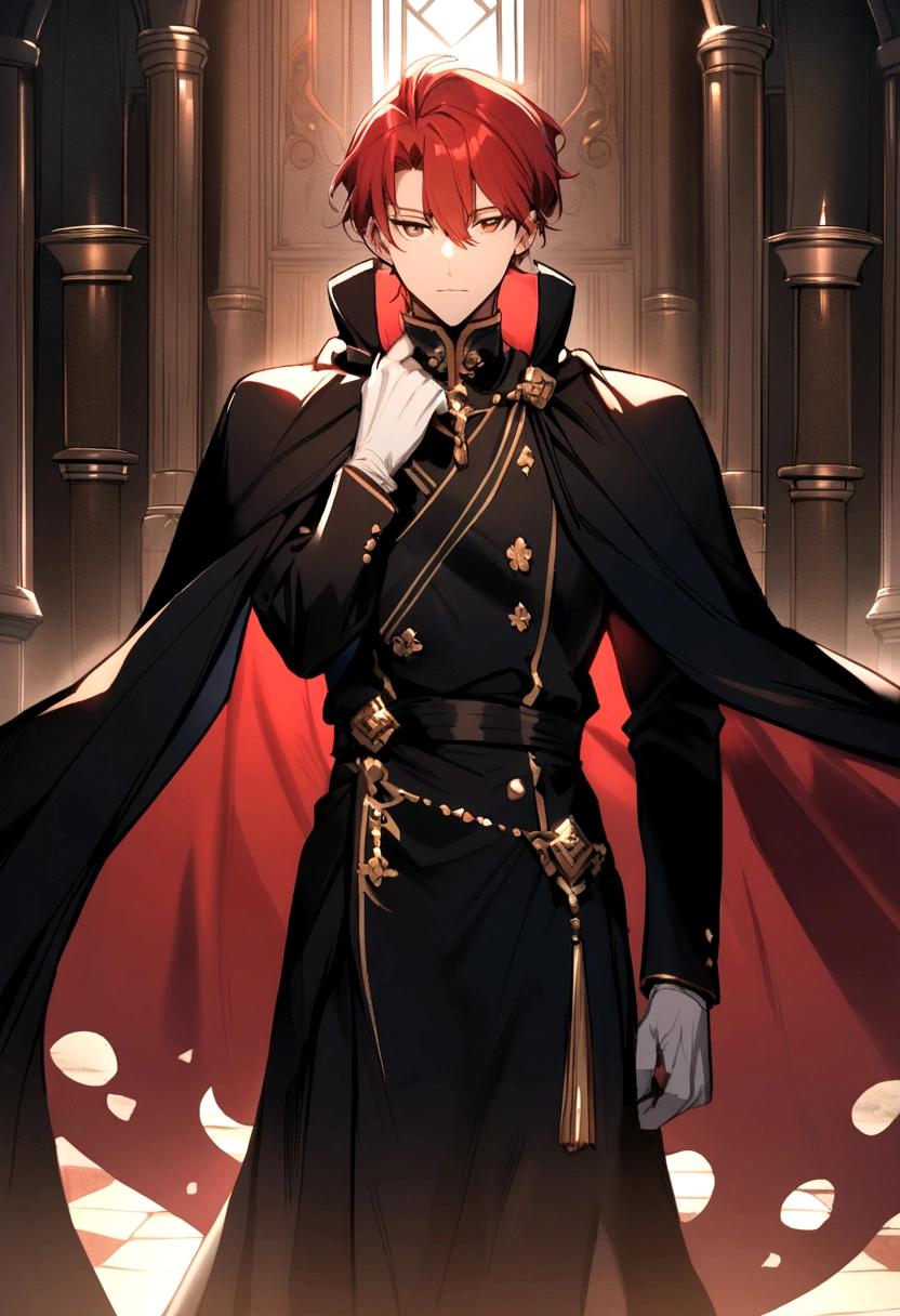 a man character with a black cape, red hair and brown eyes