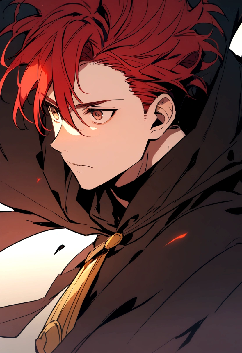 a man character with a black cape, red hair and brown eyes