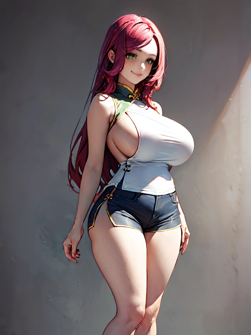 1girl, standing, very tall, thin, (masterpiece, best quality:1.5), (photorealistic:1.3), absurdres, ultra-detailed, HDR, very long hair, loose straight hair, big breasts (top round tits), smiling, swept bangs, green gradient eye, pink qipao, side slit, red hair, sleeveless, sideboob, black short shorts, long legs, sneakers,
