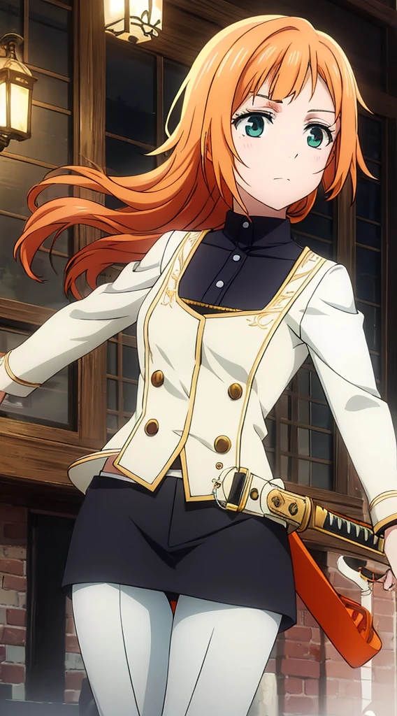 Tied long orange hair, green eyes, white pants, black corset, white long-sleeved blouse, sword at side, brown boots