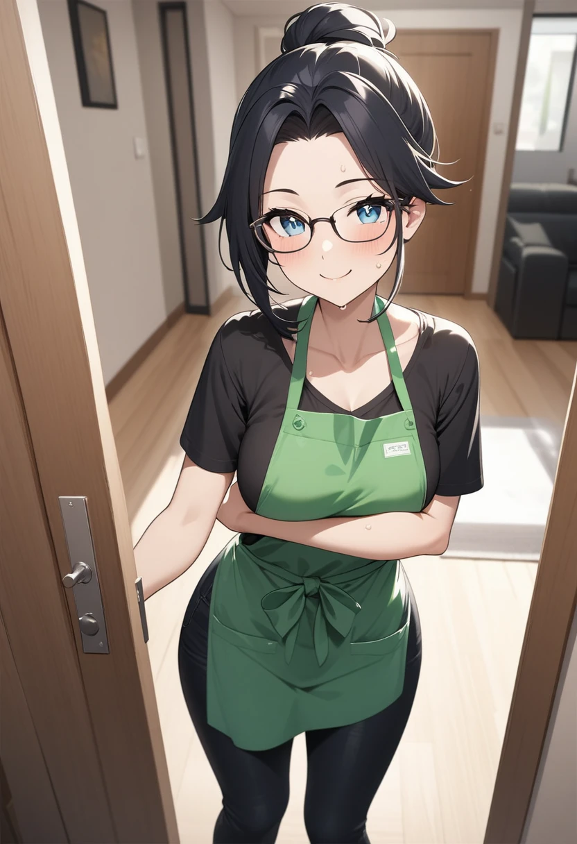 Adult female, highly detailed, glasses, short black hair style tied back, blue eyes, smile, apartment entry, green apron, black shirt, black jeans, perfect eyes, high quality, happy, sweaty, answering door, highly detailed living room background, expressive eyes