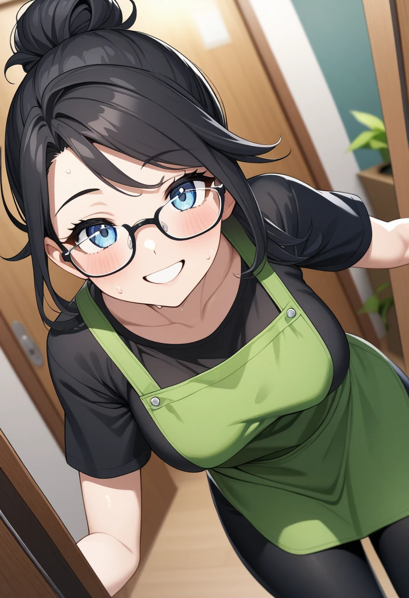 Adult female, highly detailed, glasses, short black hair style tied back, blue eyes, smile, apartment entry, green apron, black shirt, black jeans, perfect eyes, high quality, happy, sweaty, answering door, highly detailed living room background, expressive eyes