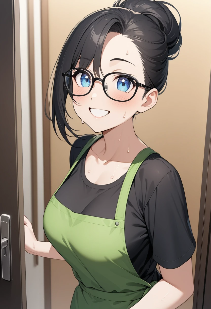 Adult female, highly detailed, glasses, short black hair style tied back, blue eyes, smile, apartment entry, green apron, black shirt, black jeans, perfect eyes, high quality, happy, sweaty, answering door, highly detailed living room background, expressive eyes