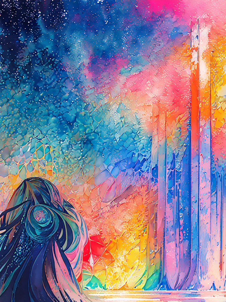 (masterpiece, top quality, best quality,watercolor (medium),official art, beautiful and aesthetic:1.2),(1girl:1.3), (fractal art:1.3),upper body, from side, looking at viewer,patterns,(rainbow color Hair,colorful hair,half blue and half pink hair:1.2),water,liquid, cloud,colorful, starry,stars, hatsune miku