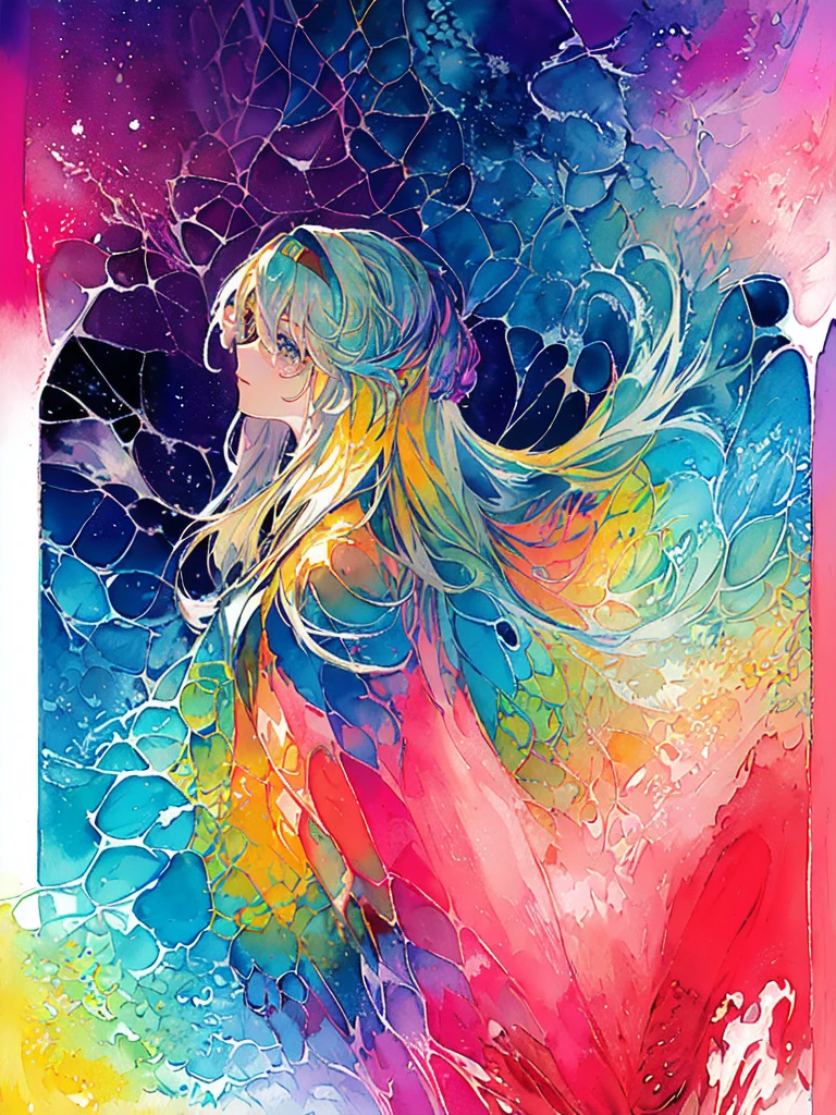 (masterpiece, top quality, best quality,watercolor (medium),official art, beautiful and aesthetic:1.2),(1girl:1.3), (fractal art:1.3),upper body, from side, looking at viewer,patterns,(rainbow color Hair,colorful hair,half blue and half pink hair:1.2),water,liquid, cloud,colorful, starry,stars, hatsune miku