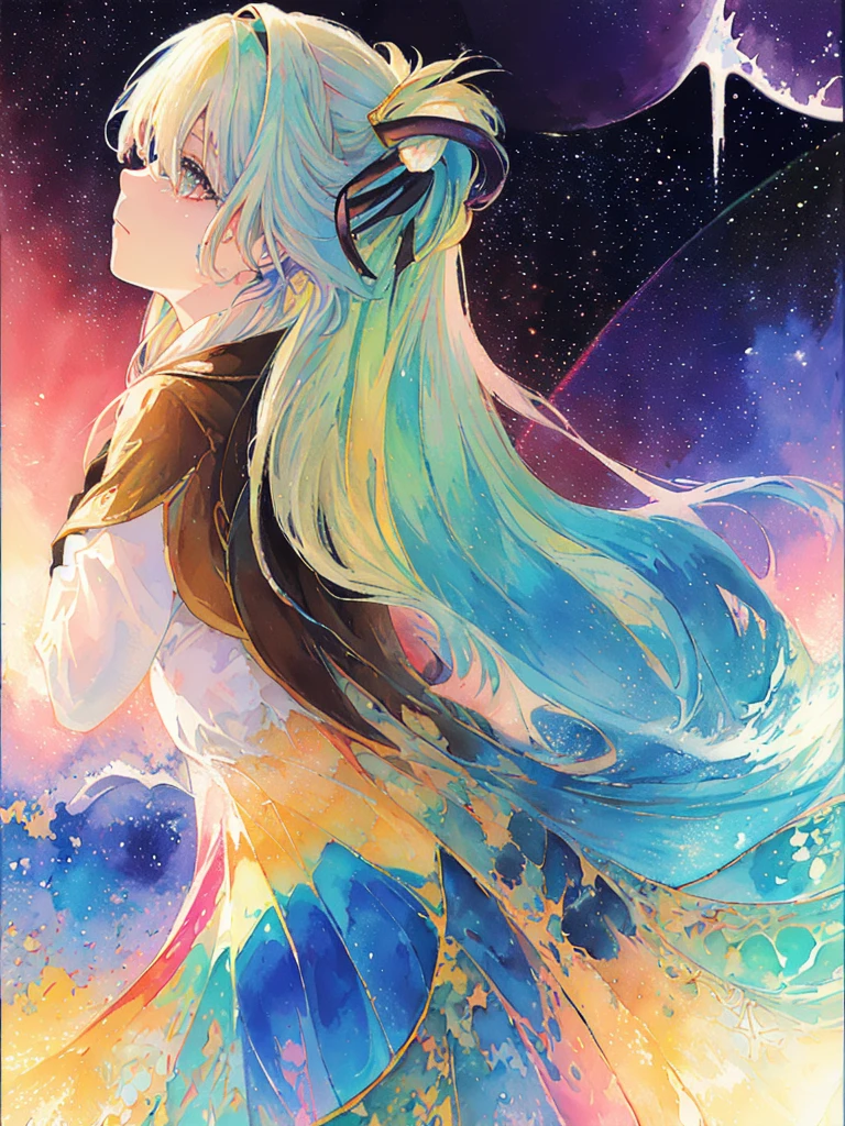 (masterpiece, top quality, best quality,watercolor (medium),official art, beautiful and aesthetic:1.2),(1girl:1.3), (fractal art:1.3),upper body, from side, looking at viewer,patterns,(rainbow color Hair,colorful hair,half blue and half pink hair:1.2),water,liquid, cloud,colorful, starry,stars, hatsune miku