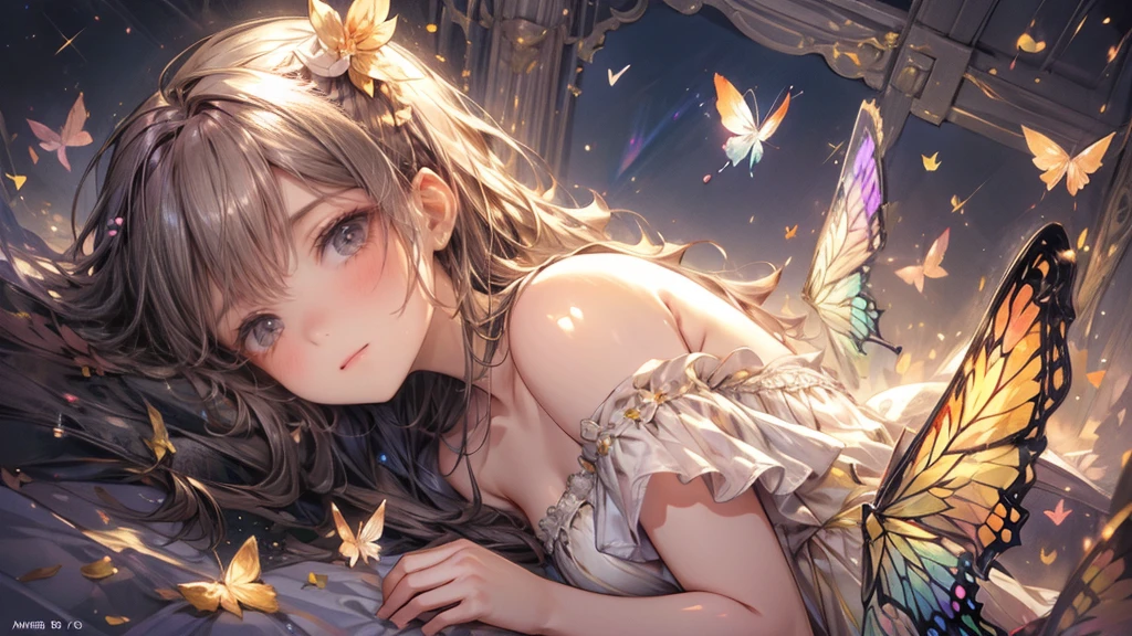 view from  above, masterpiece, highest quality, 8k, highres, beautiful highest details, flower garden, soft sunlight, butterfly spirit girl, yellow dress, bare shoulder, strapless, tears, rainbow butterfly wings:1.2, flying sky:1.2, view from below, delicate eyes, sparkling eyes, bright rosy lips, gentle smile, look up at sky, 