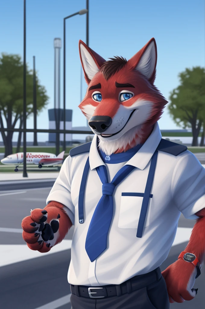 Ivan Fedorovich Wolfbach (Novosibirsk) ,tall handsome, wolf,young, 24 years, brown fur,Kind,(red body:1.3),beautiful blue eyes,Novosibirsk,dressed,civil aviation pilot uniform,White shirt,epaulets командира, черный tie, trousers,air traffic controller, trousers,canine, wolf, detailed fur, male, second, paw pads, finger claws,At the viewer, 5 fingers, paws, 5 fingers, smile, wrist watch, т nextel,by xenoforge, (difficult, high detail, digital photography, soft focus, RAW,goes for a walk, ,Very close to the camera,airport,Novosibirsk, smile, good mood, positive, Very close to the camera, plaid shirt, At the hairdresser, without hair, epaulets captain,
Photorealism, realistic, photorealistic, digital style, Subsurface scattering,I look at the viewer,стоит White shirt, epaulets, captain, trousers, tie,air navigation tower, close to the camera,
masterpiece, Best quality, ultra realistic, 8 thousand.)
