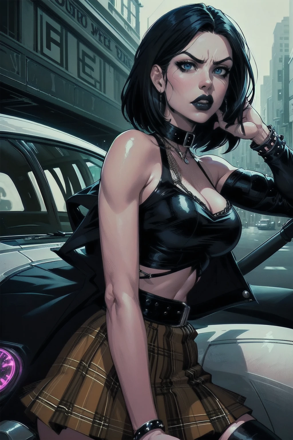 a woman with medium black hair, hair on shoulders,  wearing plaid skirt, black jacket,  blue eyes, gothic art, cute aesthetic with vibe, toon aesthetic, wearing gothic accessories, look like Cassie Hack, upper body, angry,  driving on the motocicle, street background, dinamic poses